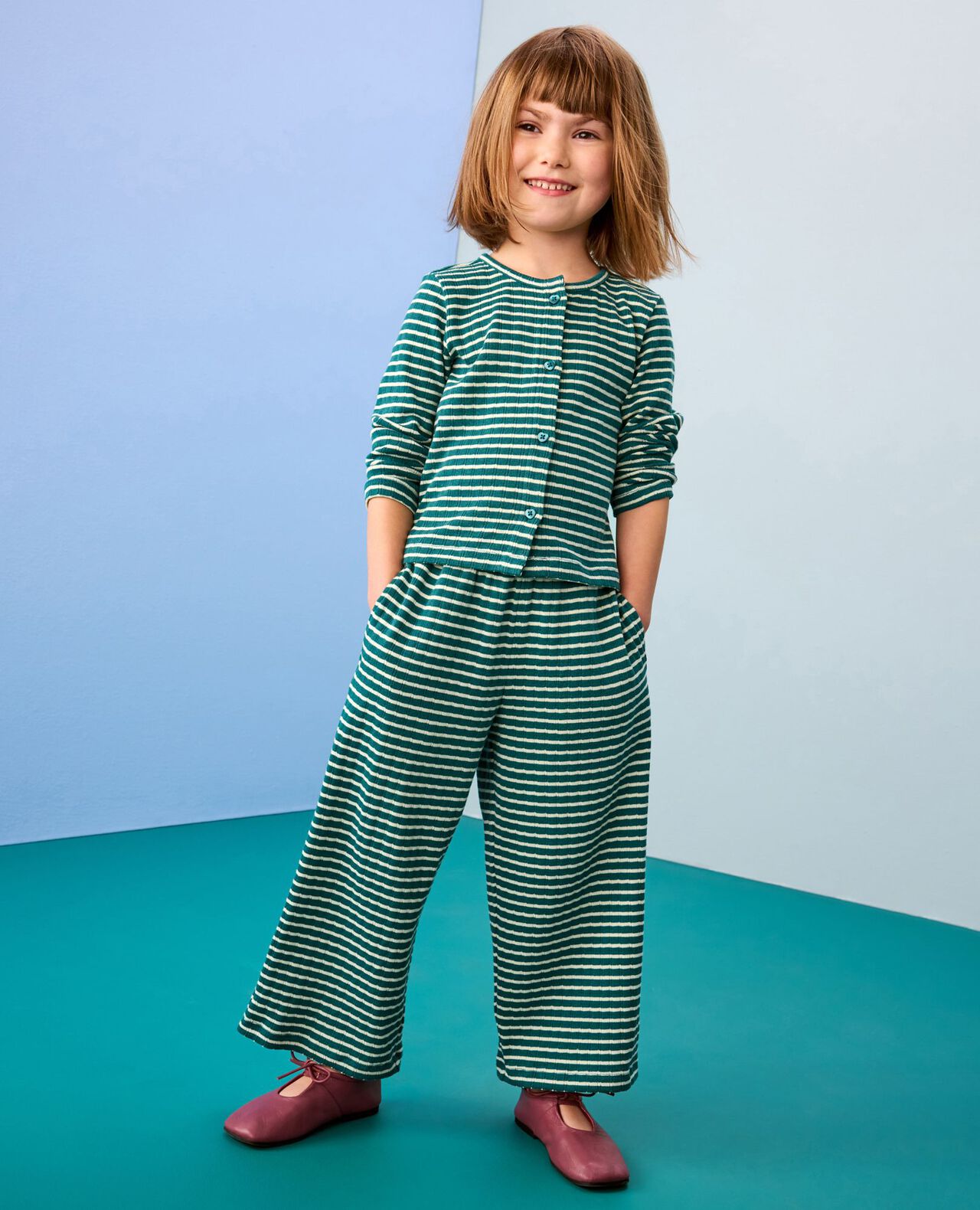 Heart Button Pointelle Cardigan & Wide Leg Pants Set
